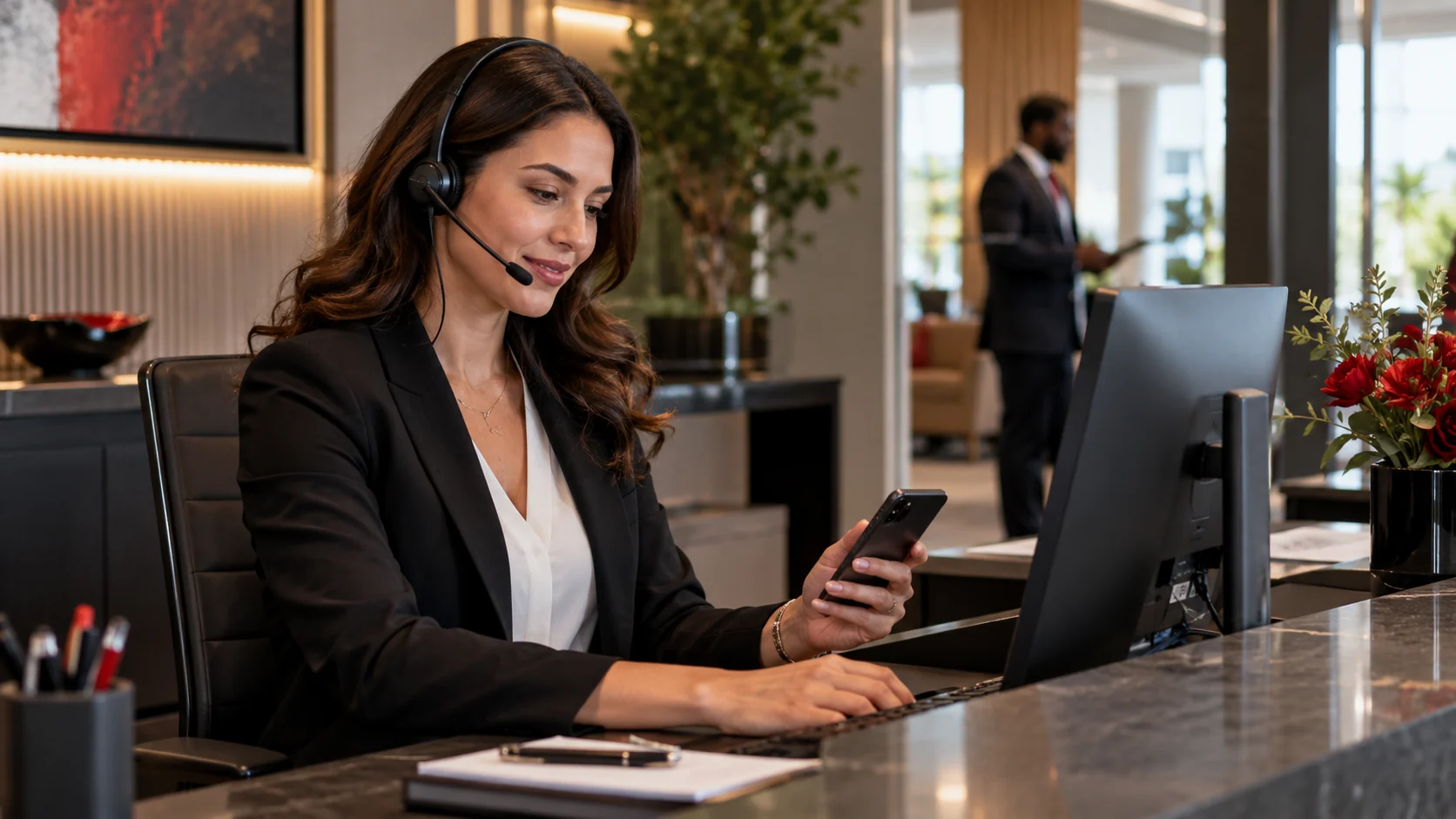 Reception professional using a headset, smartphone and desktop computer