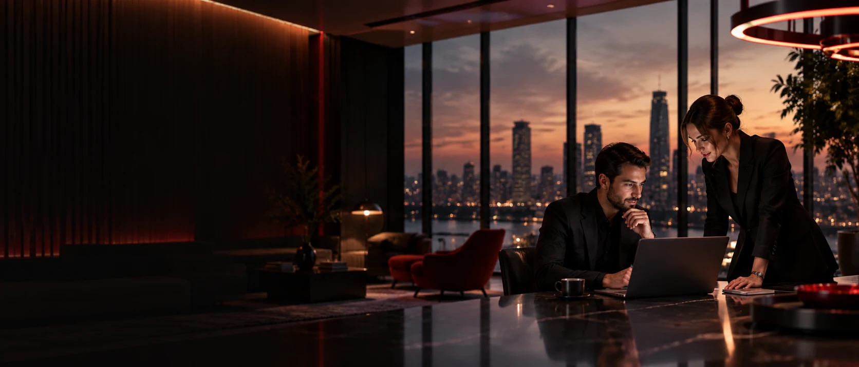 Two professionals reviewing a laptop in an executive lounge at dusk; illustrative business scene